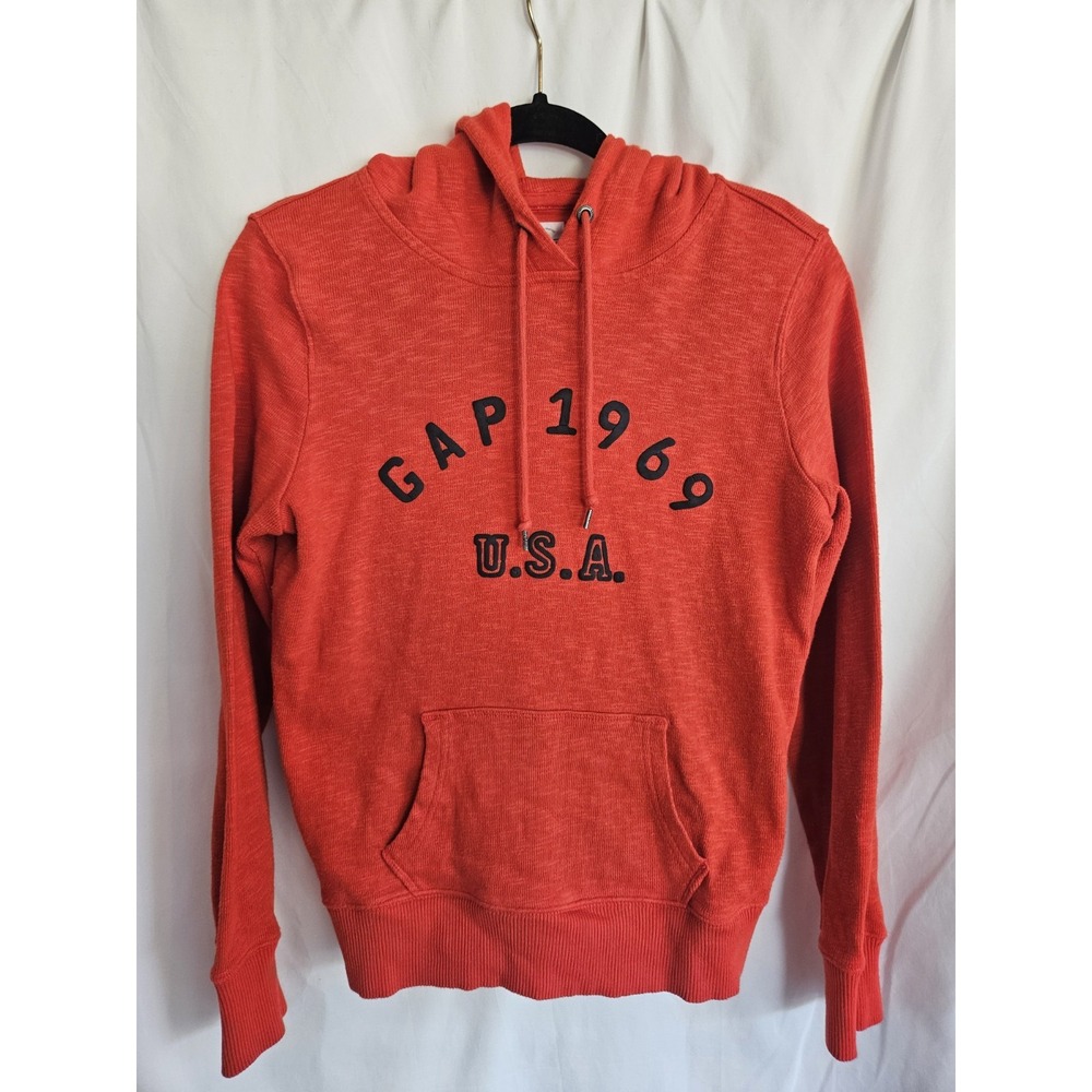 GAP 1969 USA Pullover Hoodie Small Red Orange Logo Kangaroo Pocket Fall 2013
